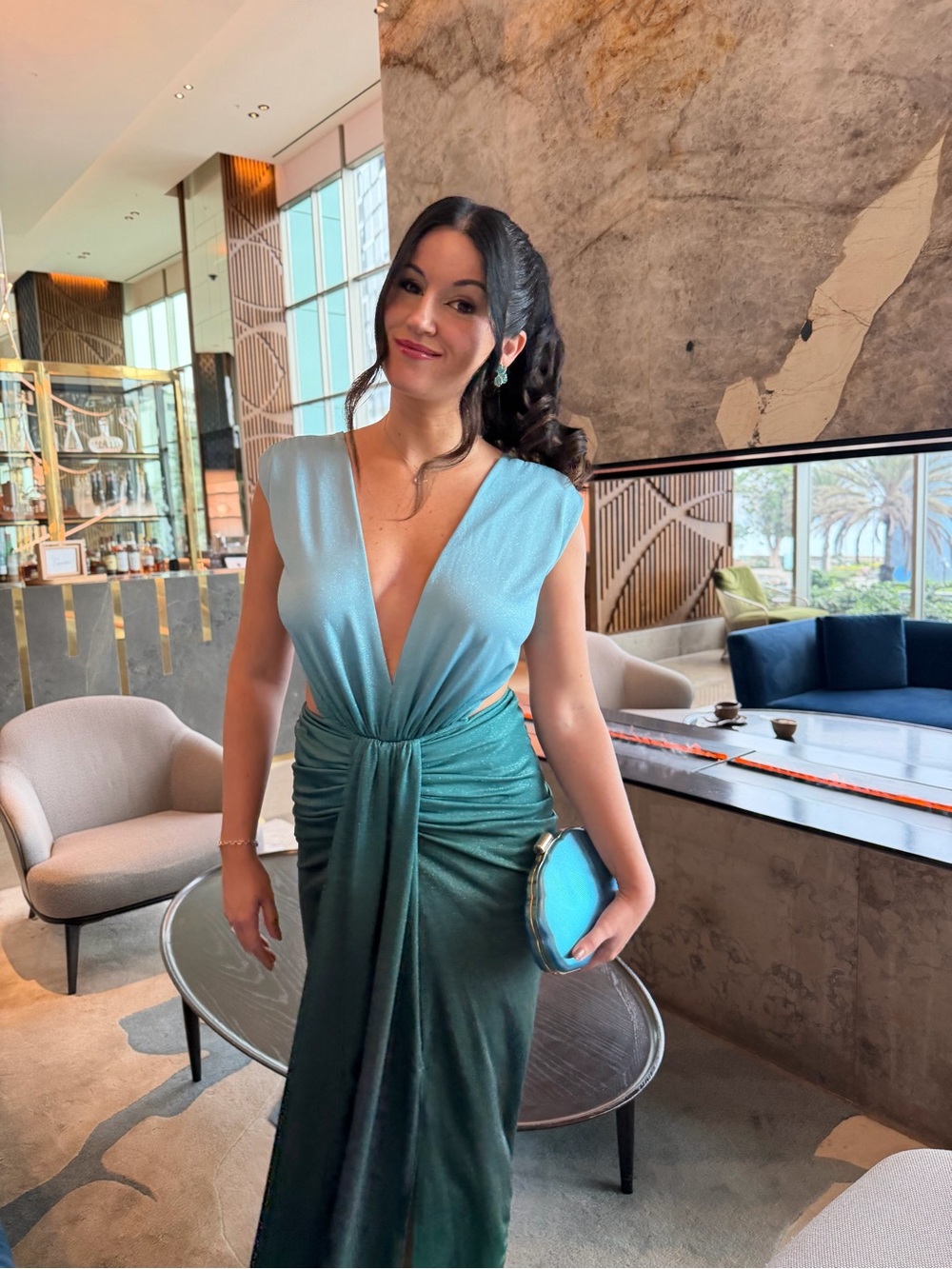 EUC Baobab Collection Teal to Light Blue Ombre Metallic Plunge Maxi Dress Sz S
